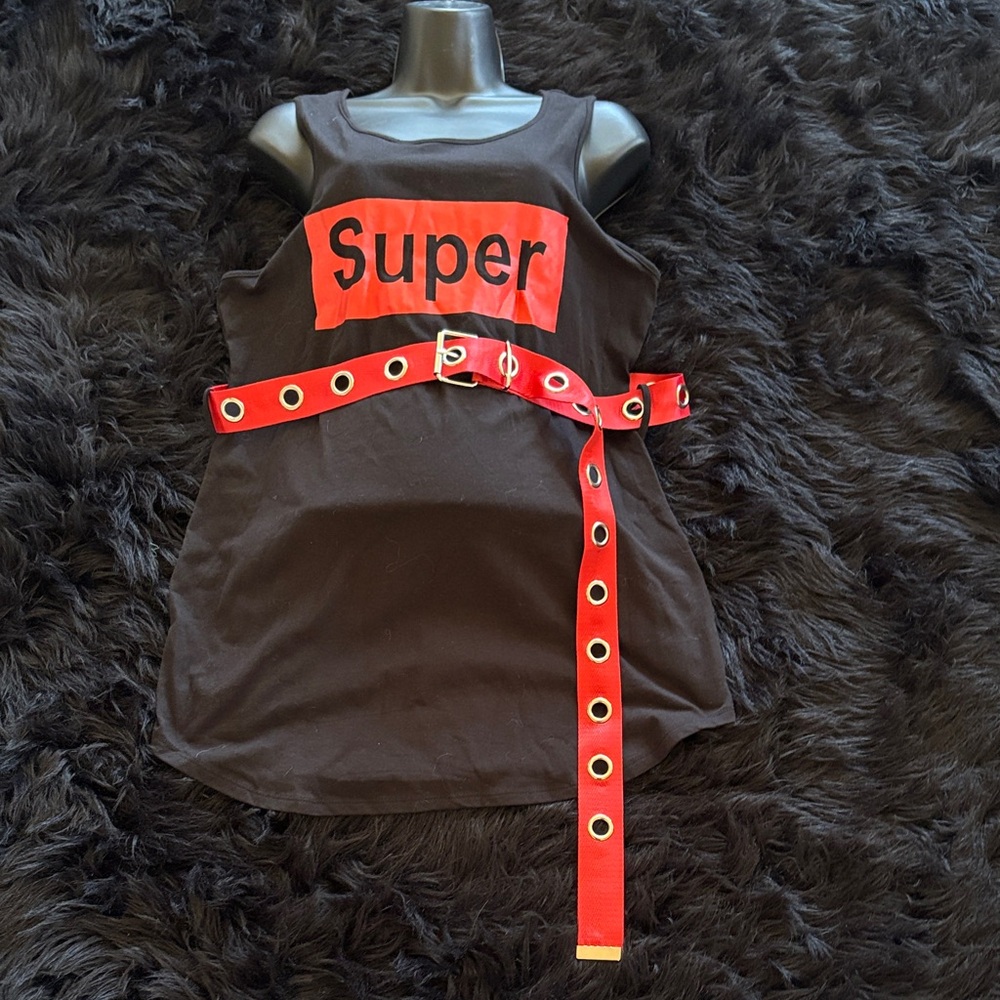 Super" Black Costume Tank with Red Accent Belt